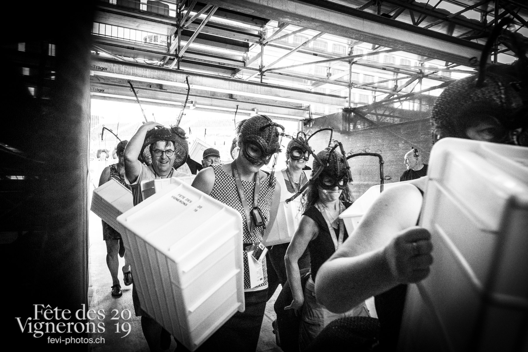 Vevey, le 2 juillet, répétition de la fête des vignerons dans l'arène. - Choristes-percussionnistes, Fourmis, Percussionnistes, Répétitions, Sauterelles, Photographies de la Fête des Vignerons 2019.